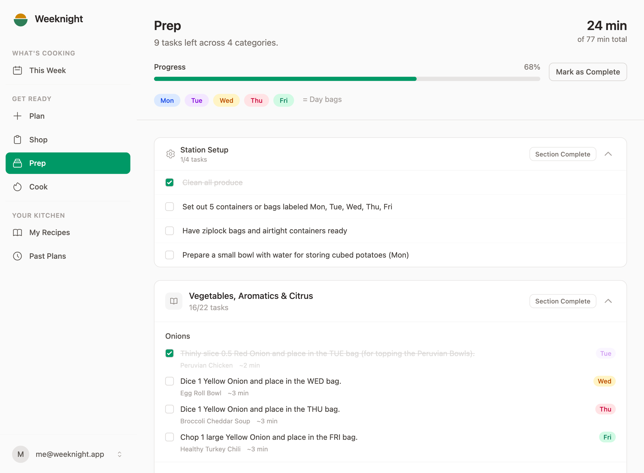 Weeknight app showing weekly meal plan